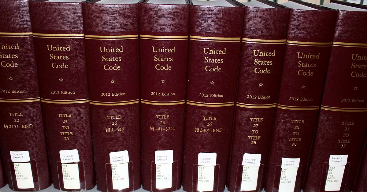Volumes of the 2012 official edition of the United States Code in a public library in San Jose, California.