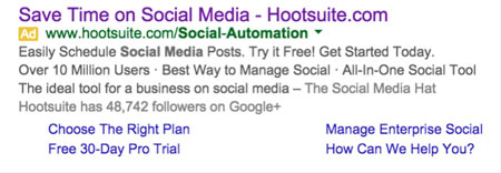 AdWords ad for Hootsuite's Landing Page