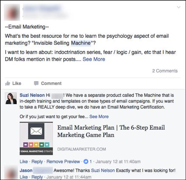 Answering a customer about the best products from DigitalMarketer that will help solve their problem