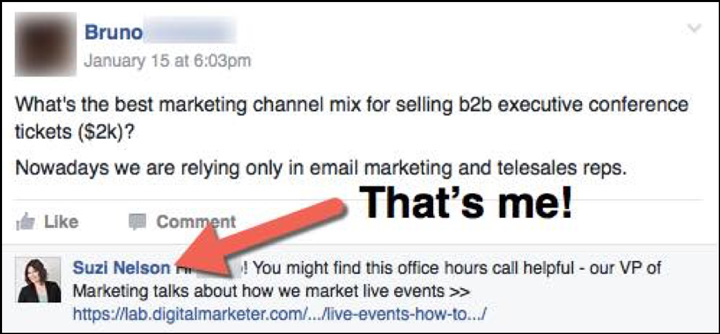 Suzi Nelson answering a member in DigitalMarketer's private Facebook group, DM Engage