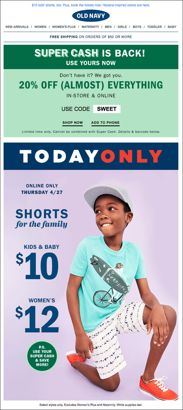 Old Navy broadcast email example
