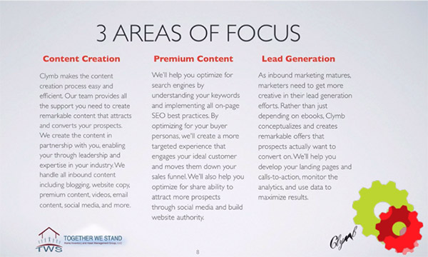3 areas of focus for Clymb: content creation, premium content, and lead generation with their descriptions