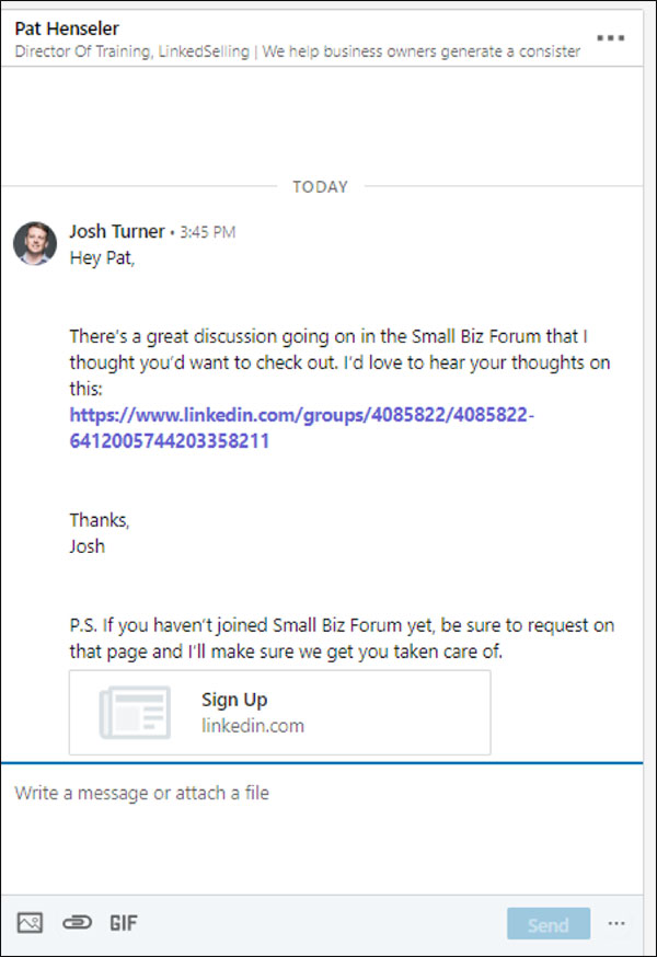 Third message from 5 message sequence LinkedIn marketing strategy: group discussion