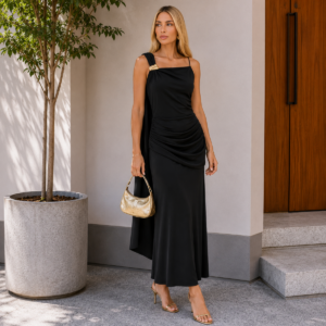 VESTIDO LONGO FRANZIDO ALÇA FINA PRETO