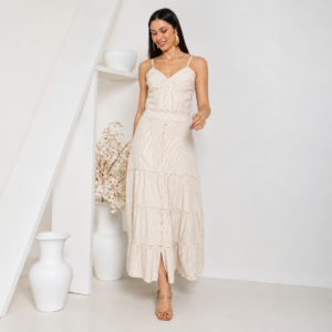CONJUNTO LINHO BLUSA E SAIA LISTRADINHO NATURAL