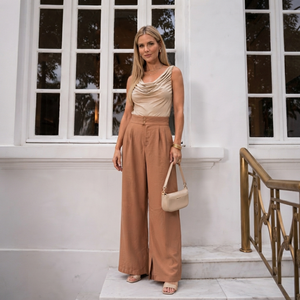 CALÇA TENCEL PANTALONA CARAMELO
