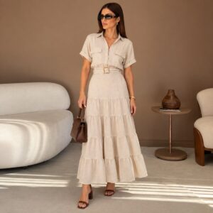 CONJUNTO BLUSA E SAIA LINHO NATURAL