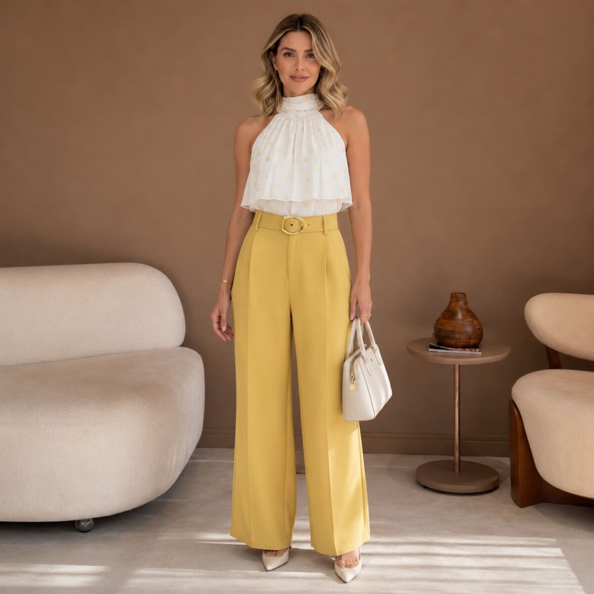 CALÇA PANTALONA CINTO FORRADO AMARELA