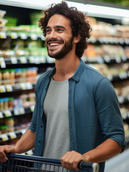 um-homem-esta-sorrindo-felizmente-enquanto-segura-um-carrinho-de-compras-esta-imagem-pode-ser-usada-para-retratar-o-consumismo-de-compras-no-varejo-ou-uma-experiencia-alegre-cliente