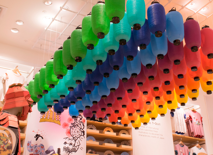 Rows of lanterns hanging from the ceiling inside UNIQLO, an apparel and accessories shop at Disney Springs