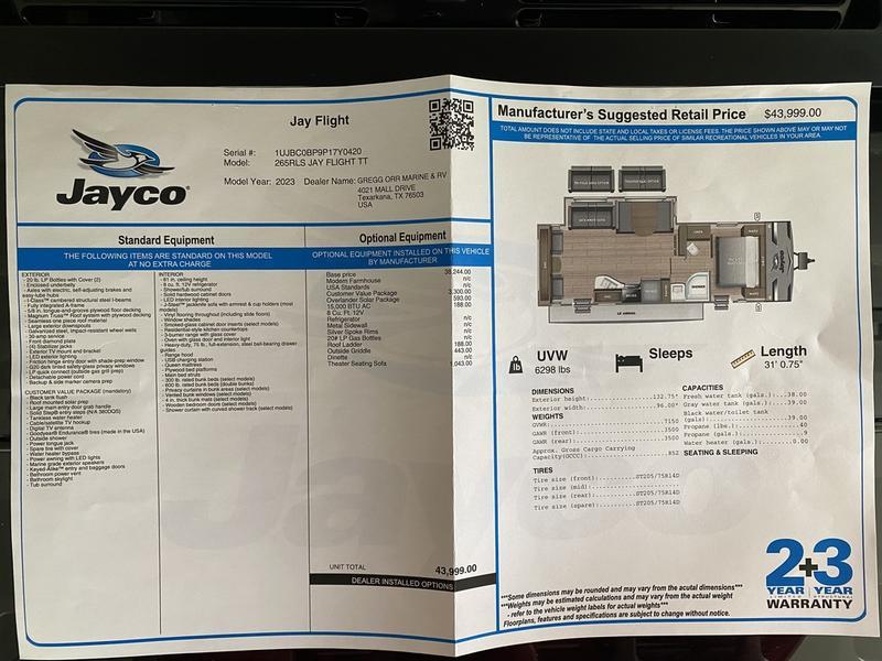 2023 Jayco JAY FLIGHT 265RLS/1 Slide/Rear Living/Recliners/Walk Thru Bath