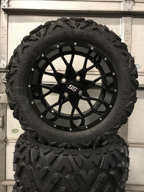 AVAILBLE TO ORDER Set of 4 Golf Cart Tires on 14x7 Vortex Gloss Black Wheels $729 (0018)