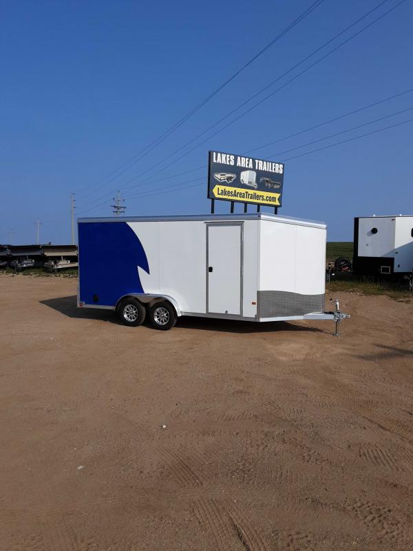2024 NEO 7.5X16 WHITE/BLUE ENCLOSED TRAILER Lakes Area Trailer Shop