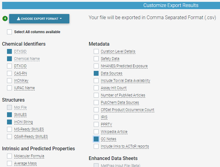 Step 3b. - choosing data to download after selecting a file format.