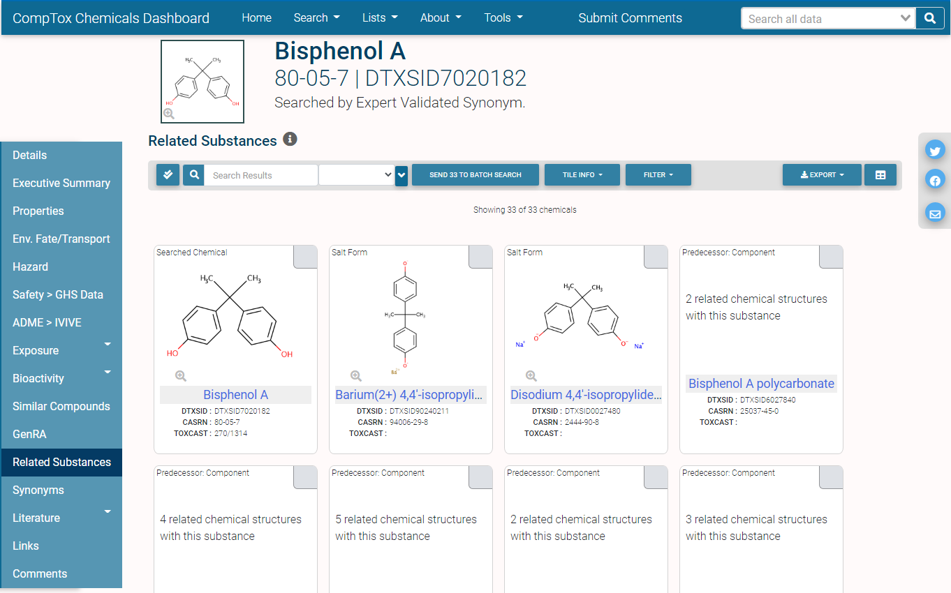 Related Substances tab in tile view mode, showing the relationship type at the top of each tile. In tabular view the relationship column is at the far right of the table and may need scrolling to view.