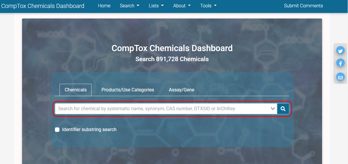 CompTox Chemicals Dashboard home page, https://comptox.epa.gov/dashboard, with search box marked in red. Note tabs for product use category and assay / gene above the search box.