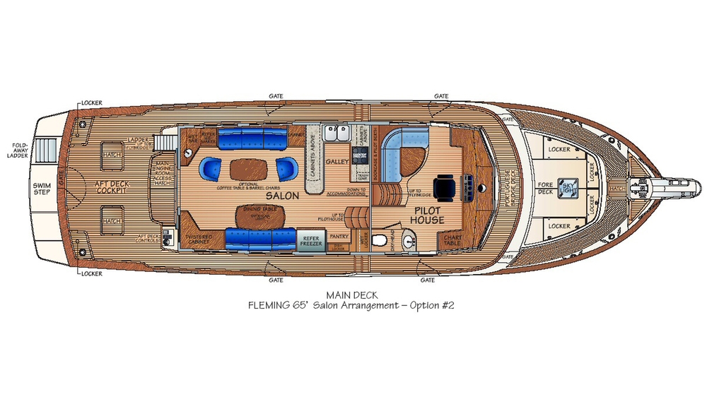 fleming yachts, fleming 65, cruising yachts, Main Deck Option 2