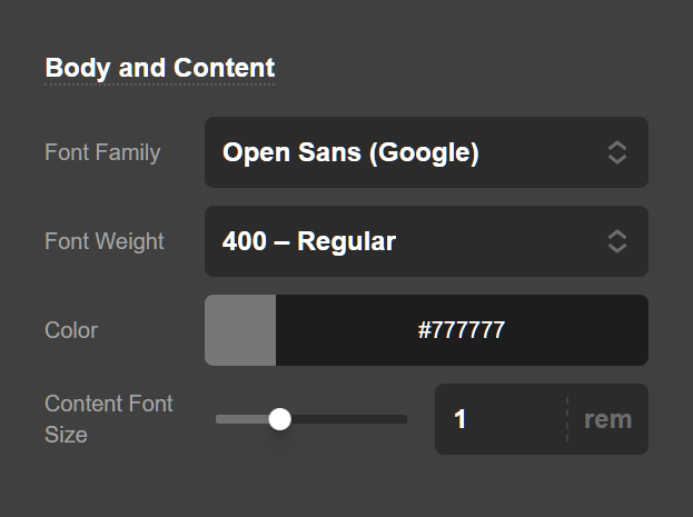 Theme Options Typography Content Settings