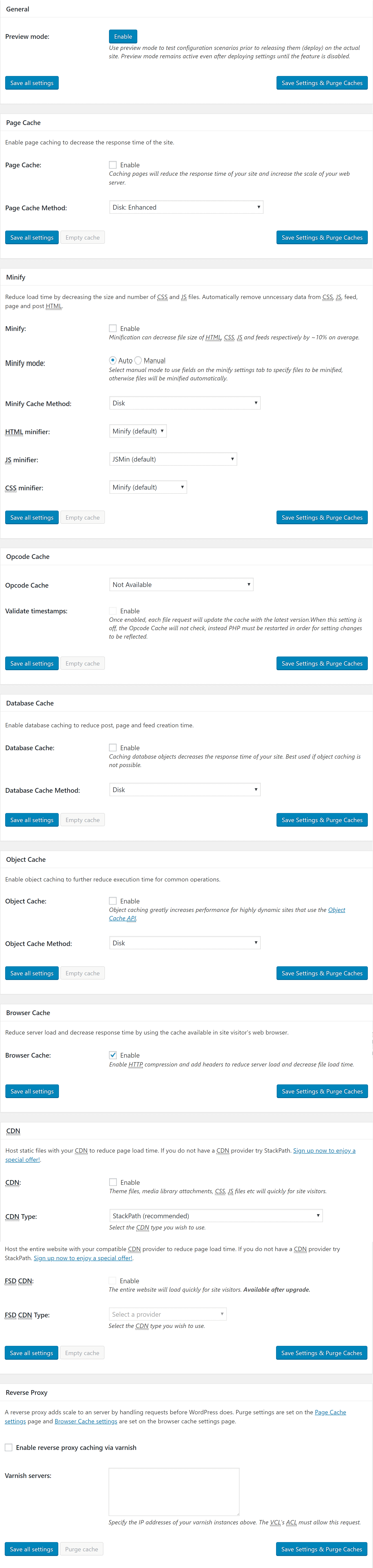 Caching Settings