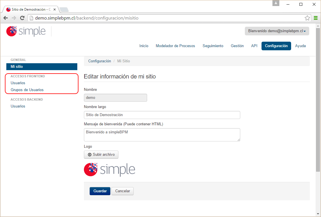 Panel Accesos FrontEnd