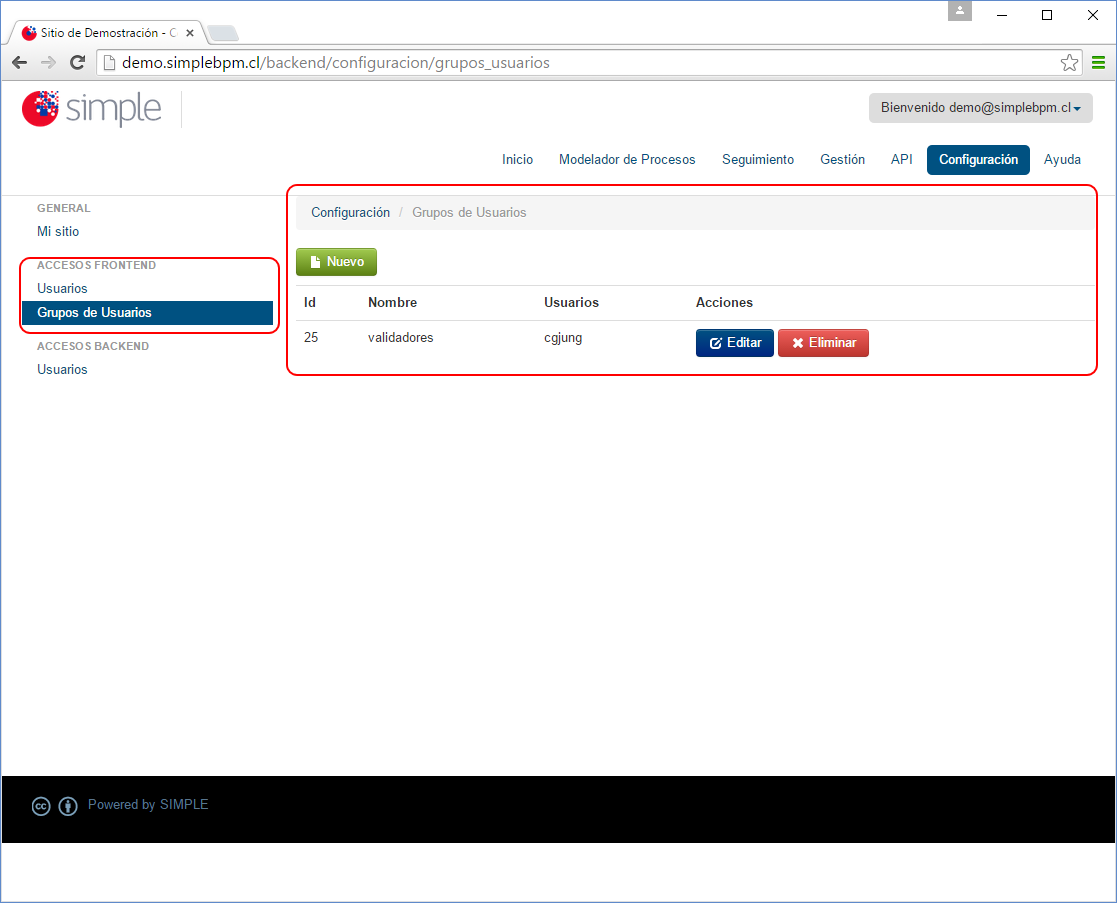 Front End gestion de grupos
