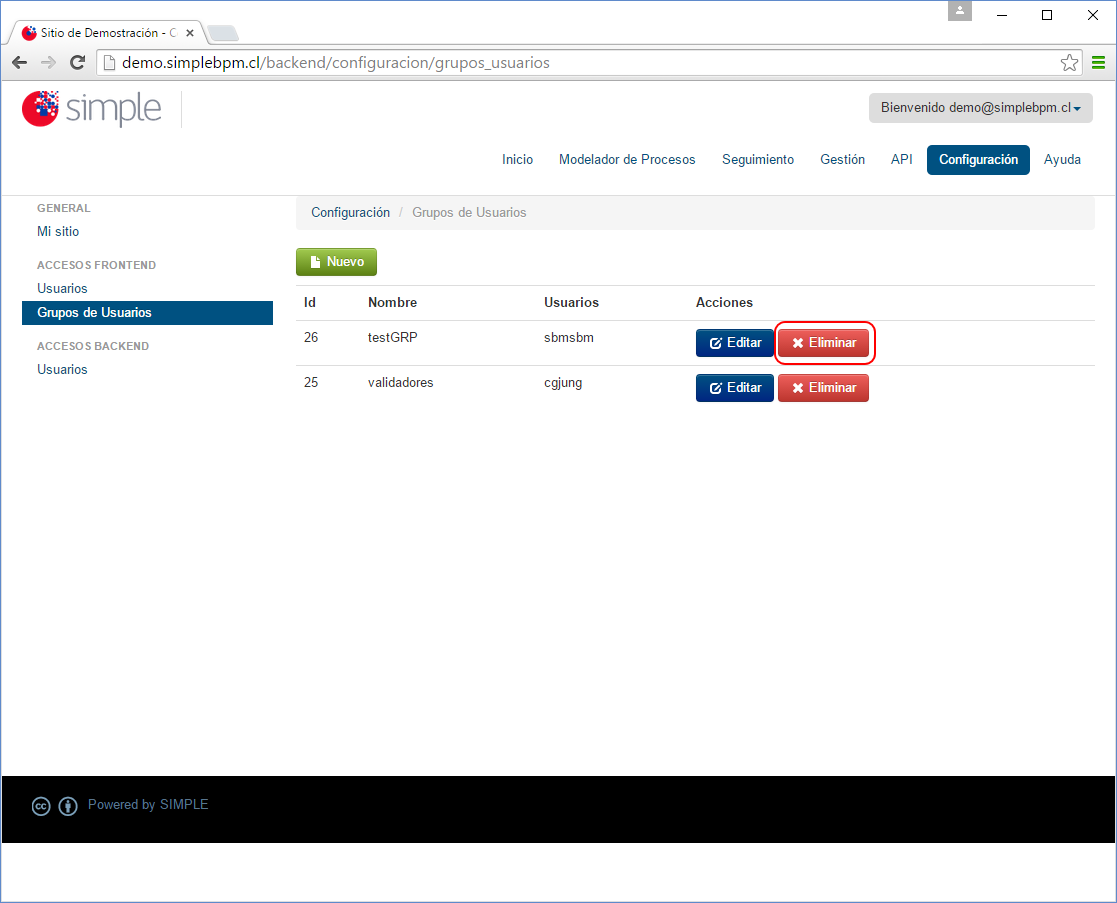 Seleccionar Grupo a eliminar