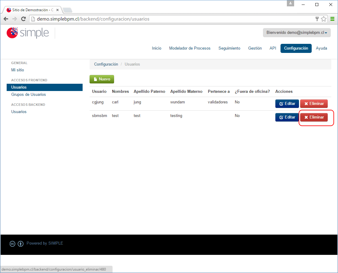 Seleccionar usuario a eliminar