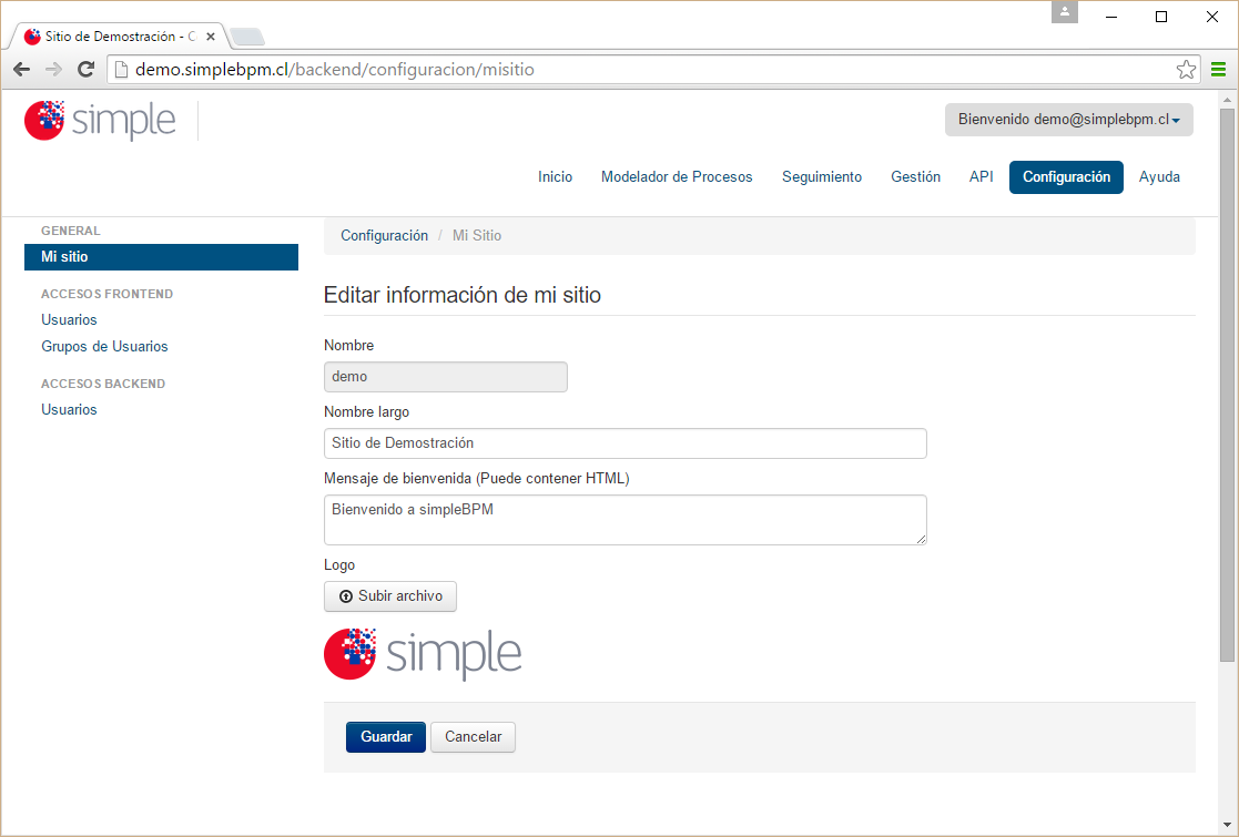 Espacio de trabajo sección de Configuración de simpleBPM