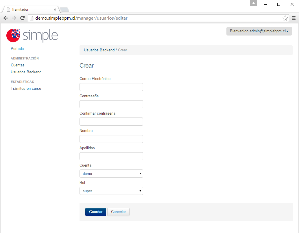 Admin nuevo usuario backend