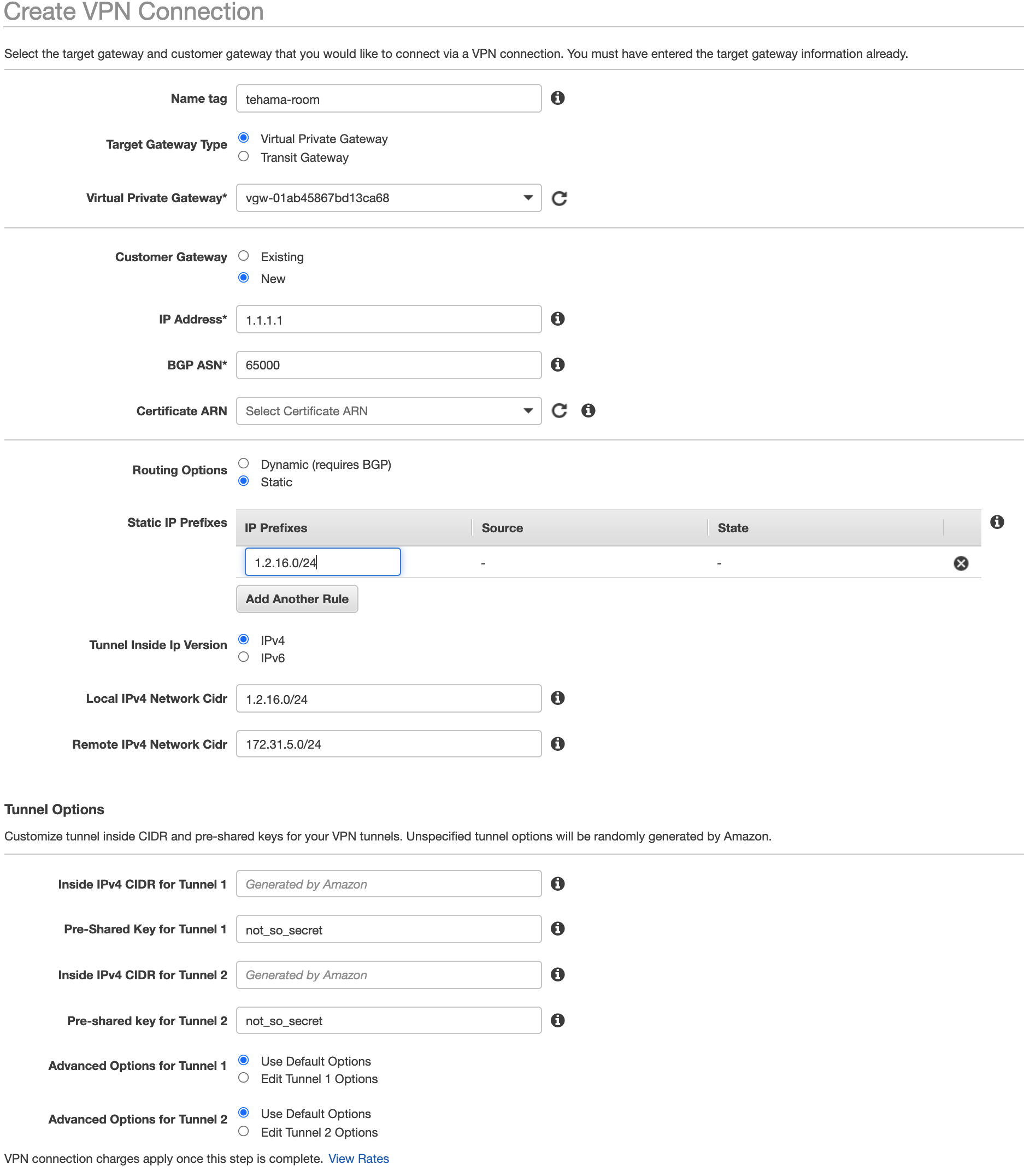 Form showing VPN connection fields