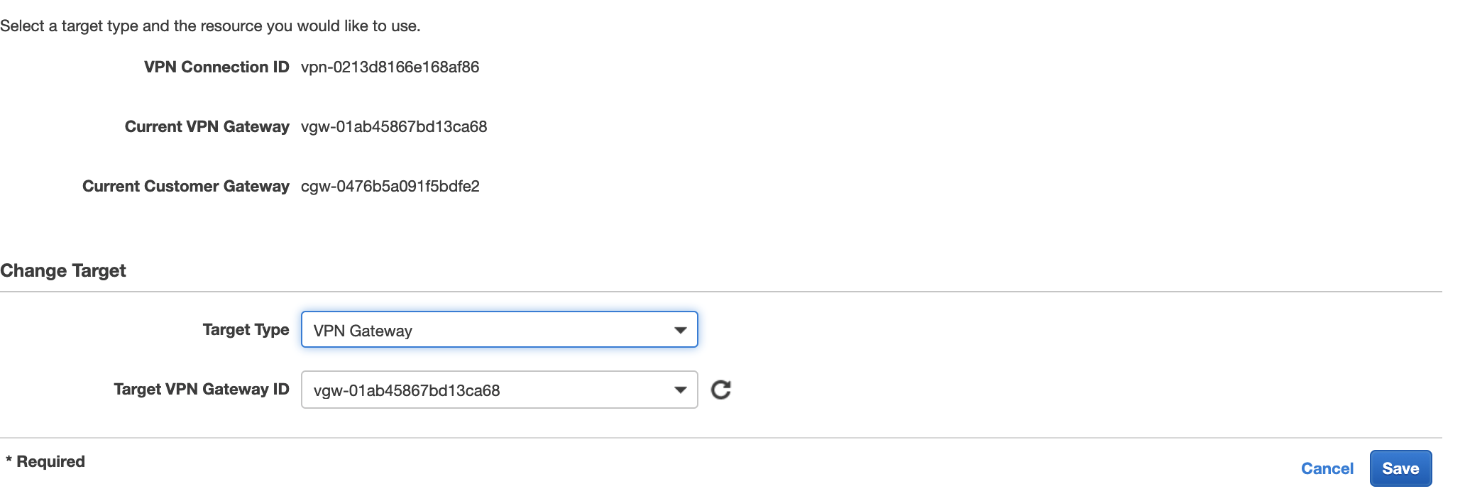 Form showing VPN connection set target field