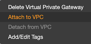 Menu showing Attach to VPC item highlighted