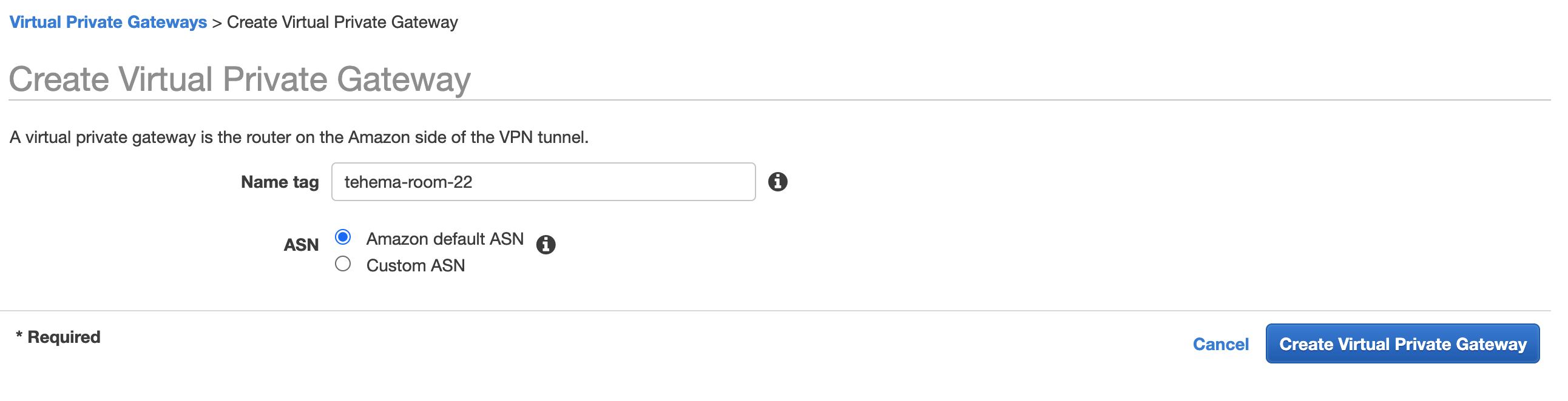 Create new VPN Gateway form