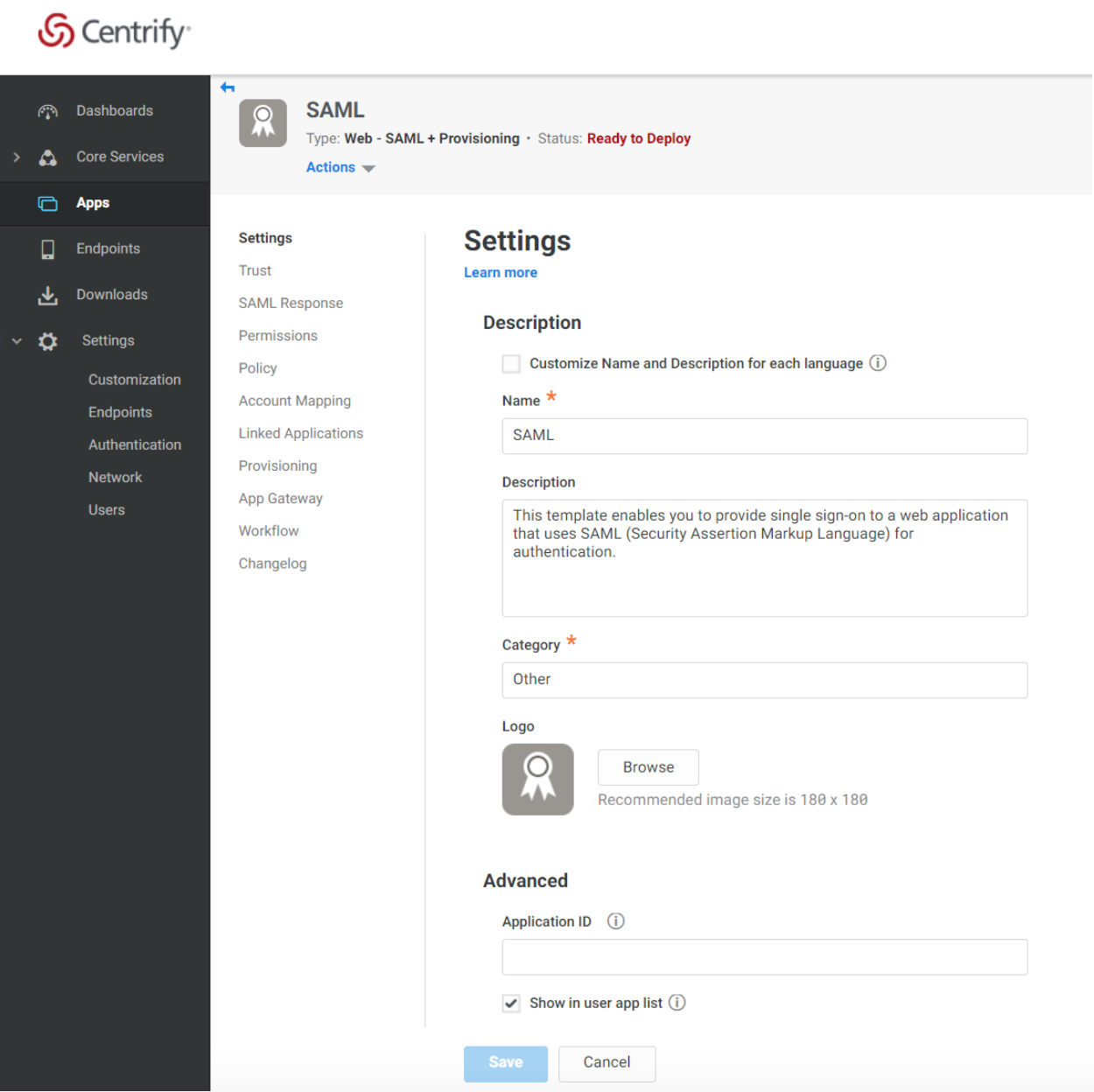 Centrify Admin Portal Apps SAML Config Page