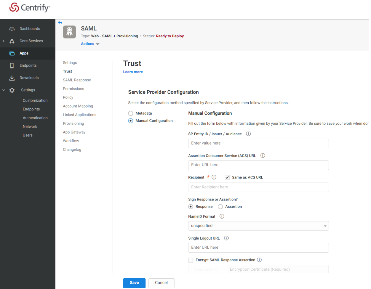 Centrify Admin Portal Apps Trust Page Service Provider Configuration Section