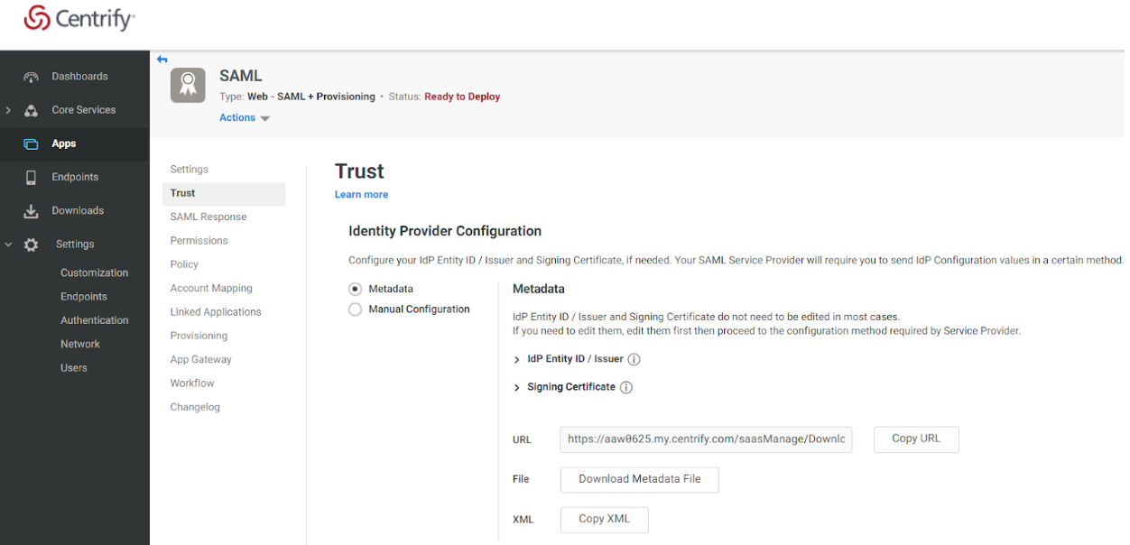 Centrify Admin Portal Apps Trust Page