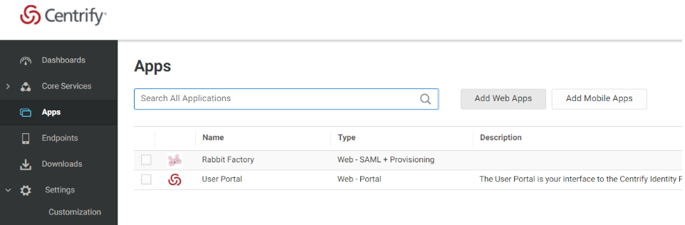 Centrify Admin Portal Top Level Menu with Apps Highlighted