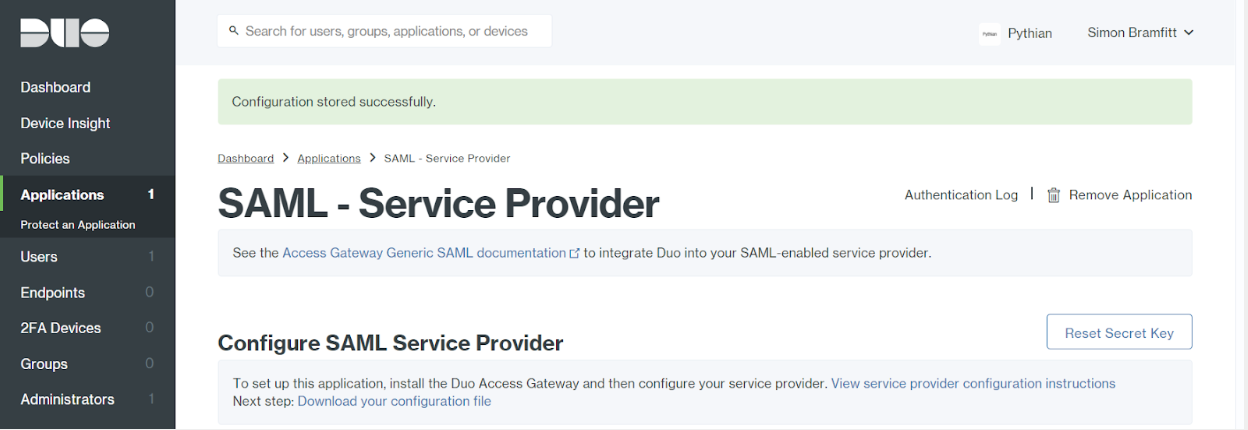 Duo Applications Protect SAML Service Provider Saved Page