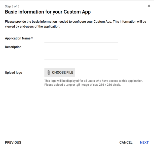 Google Create New SAML App Page