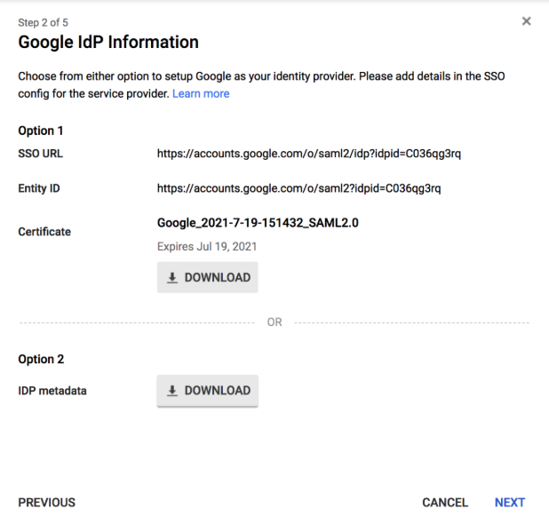 Google Create New SAML App Page