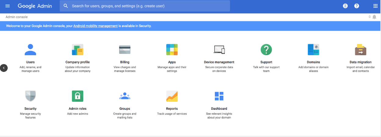 Google Admin Console Top Level Page