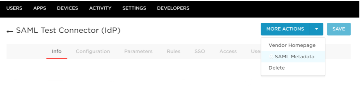 OneLogin SAML Test Connector (IdP) More Actions