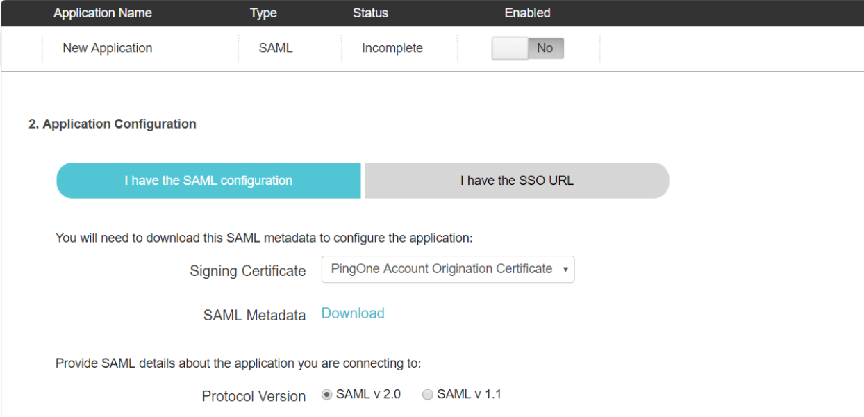 PingOne New SAML Application Page Scrolled Down to Step 2