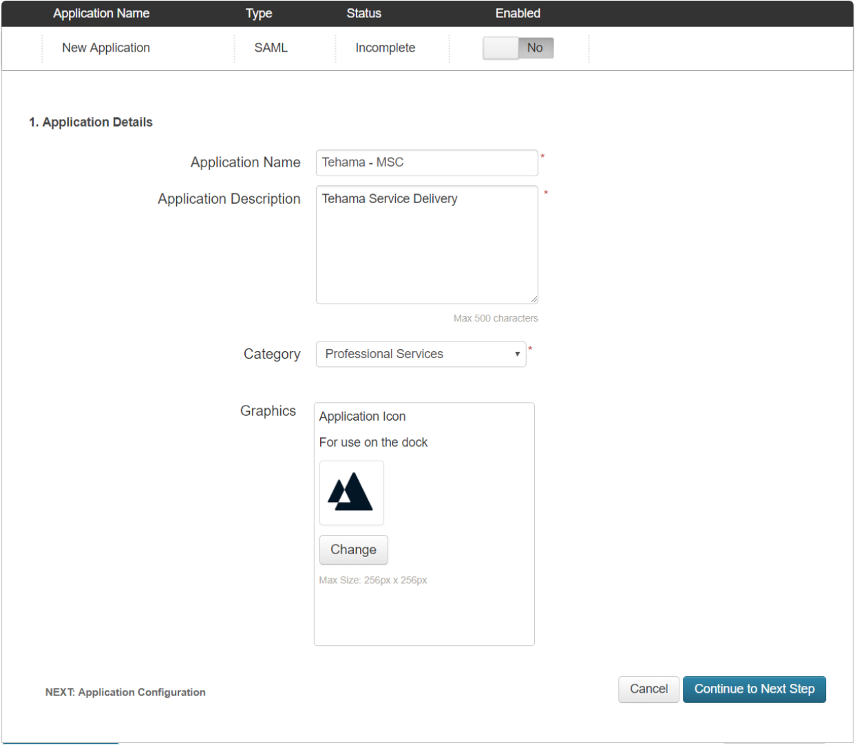 PingOne New SAML Application Page