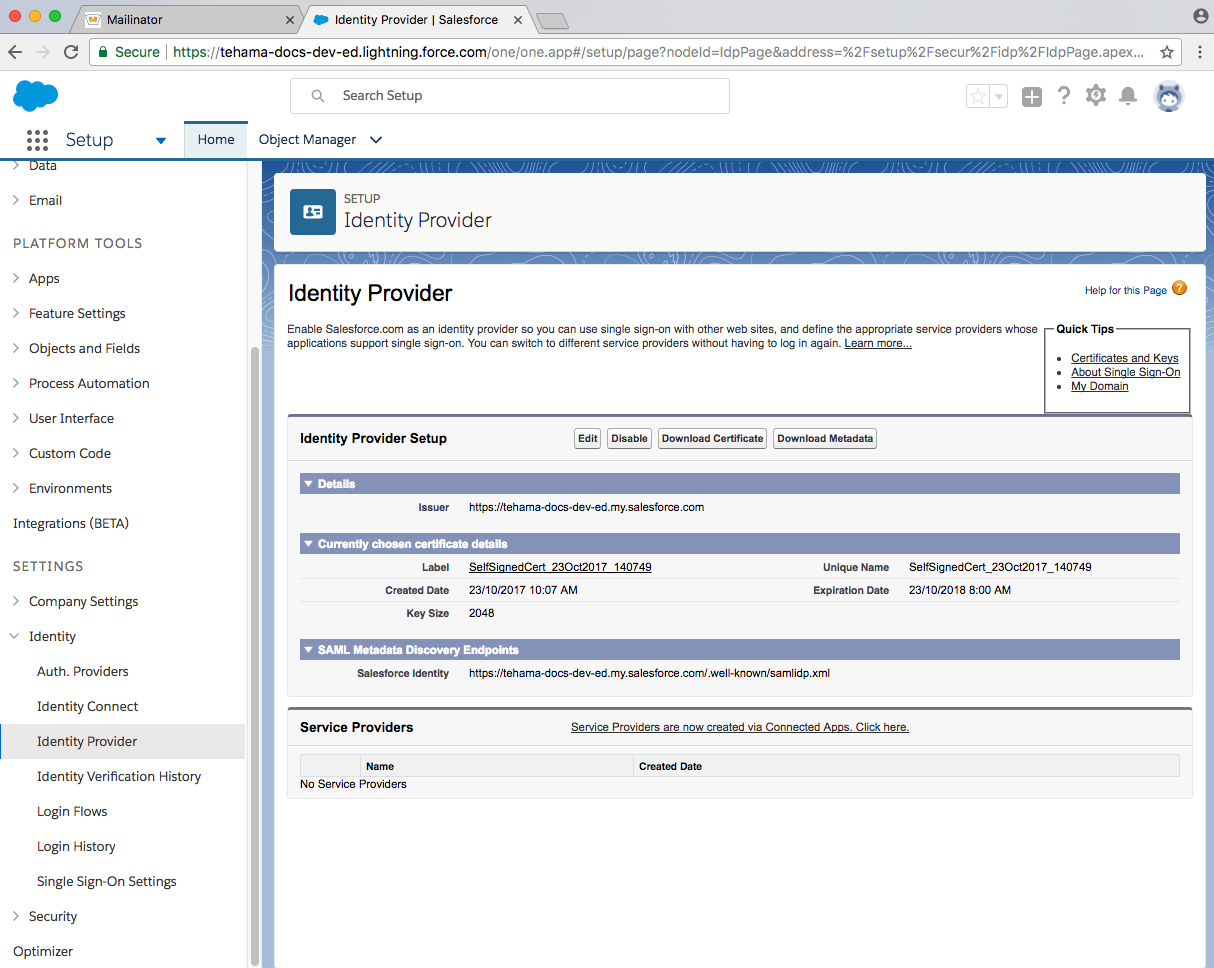 developer salesforce domain configured identity_provider