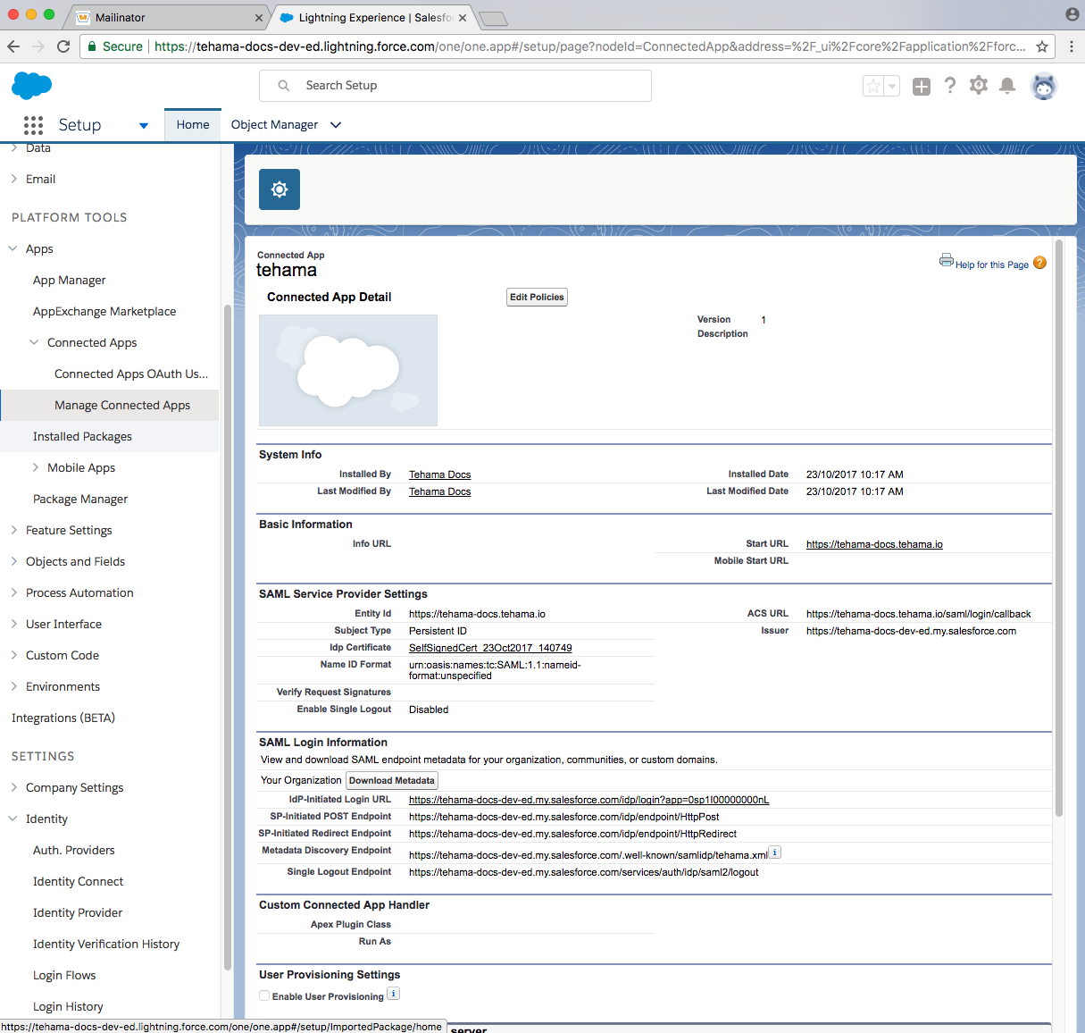 developer salesforce domain manage app page