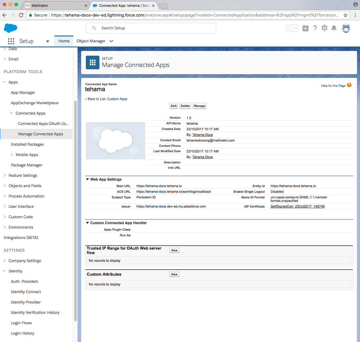 developer salesforce domain new app page