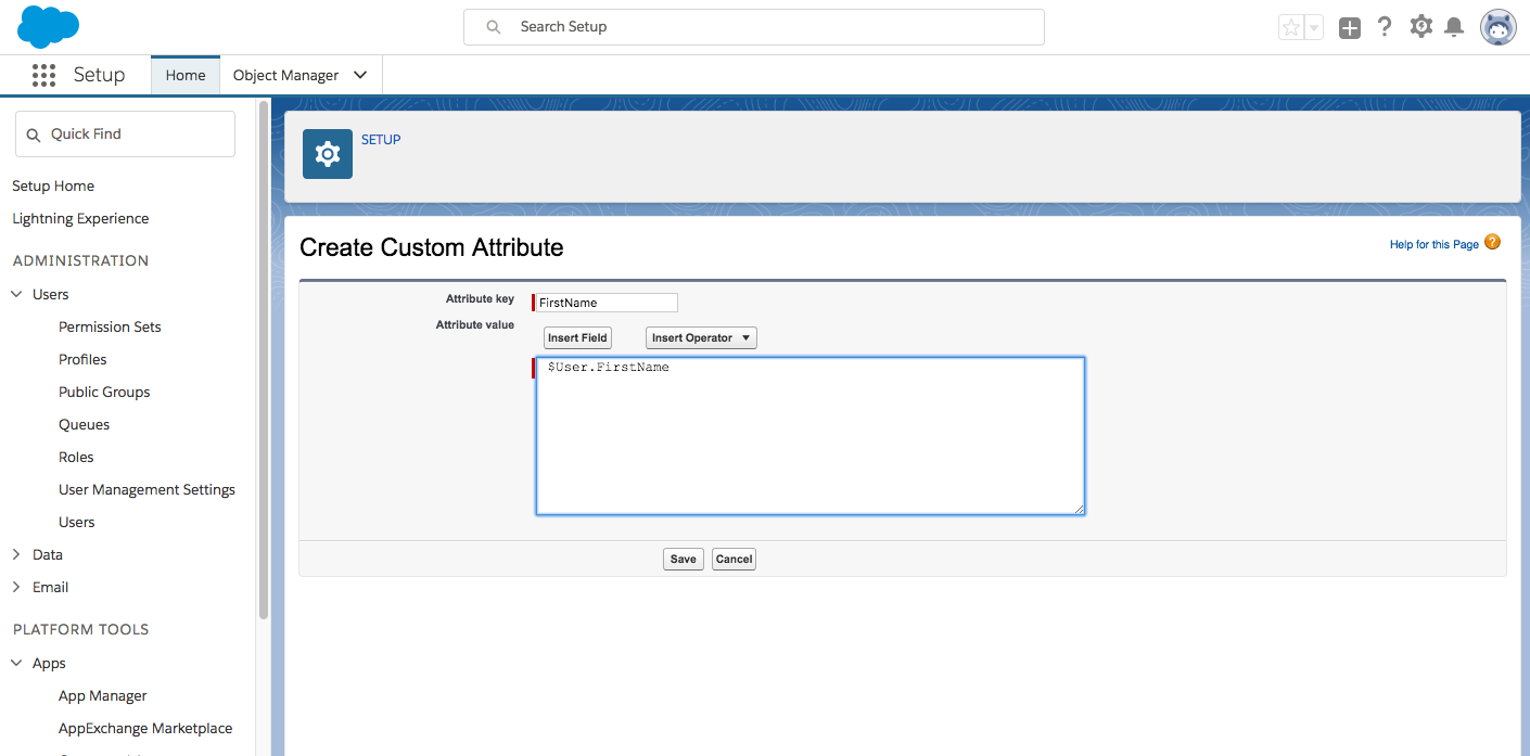 Tehama Connected App New Custom Attribute Page