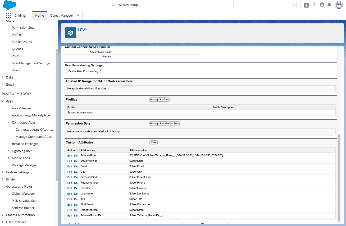 Tehama Connected App New Custom Attribute Page