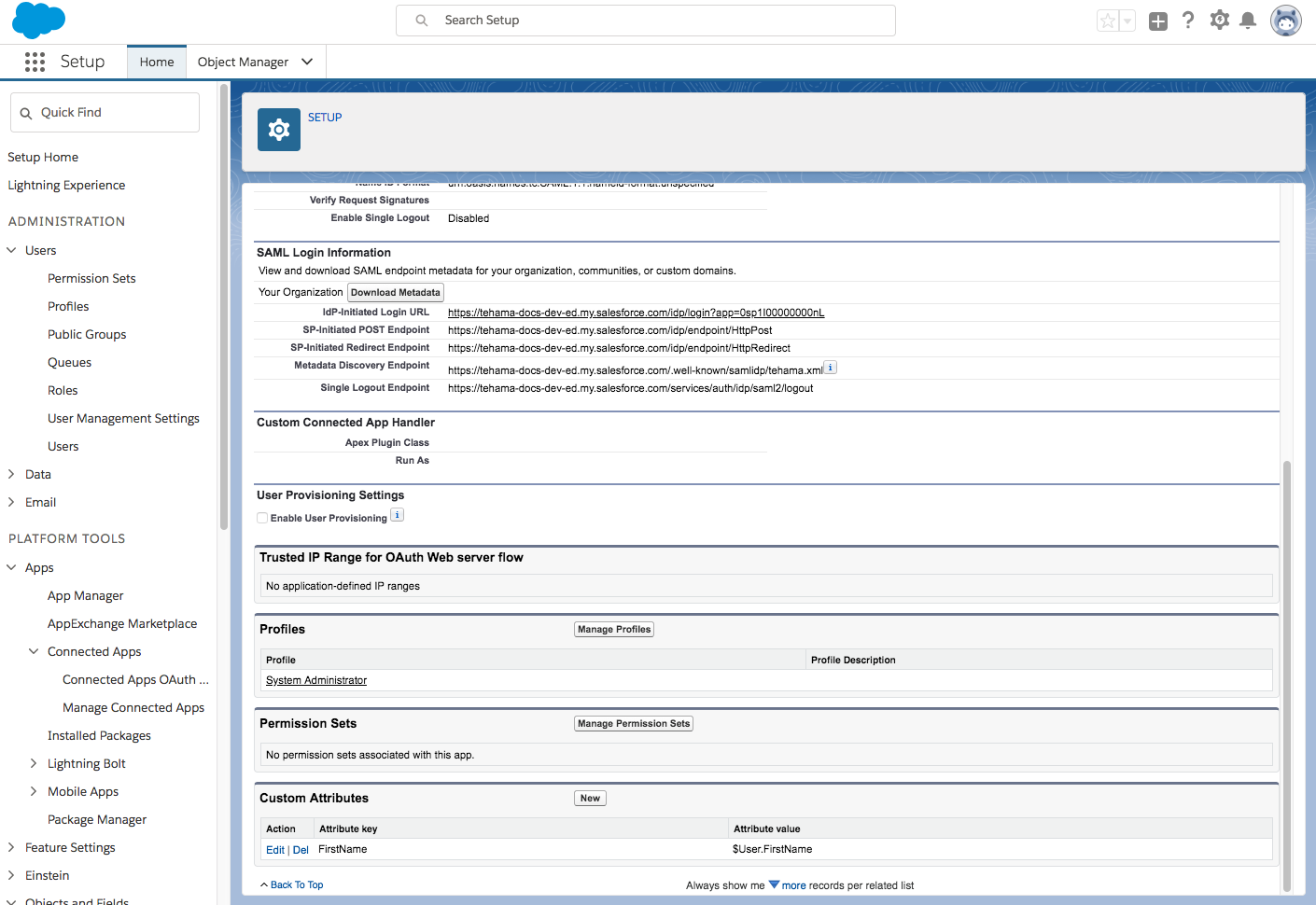 Tehama Connected App New Custom Attribute Page